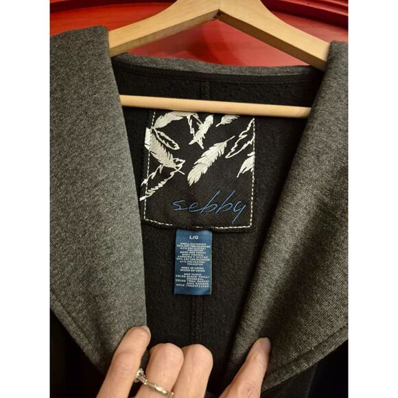 Sebby Large Double Breasted Large Collar Black Grey Short Trech Style Jacket EUC - Picture 4 of 4